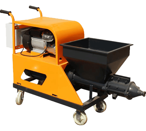 Yellow mortar spraying machine with black hopper on a wheeled frame